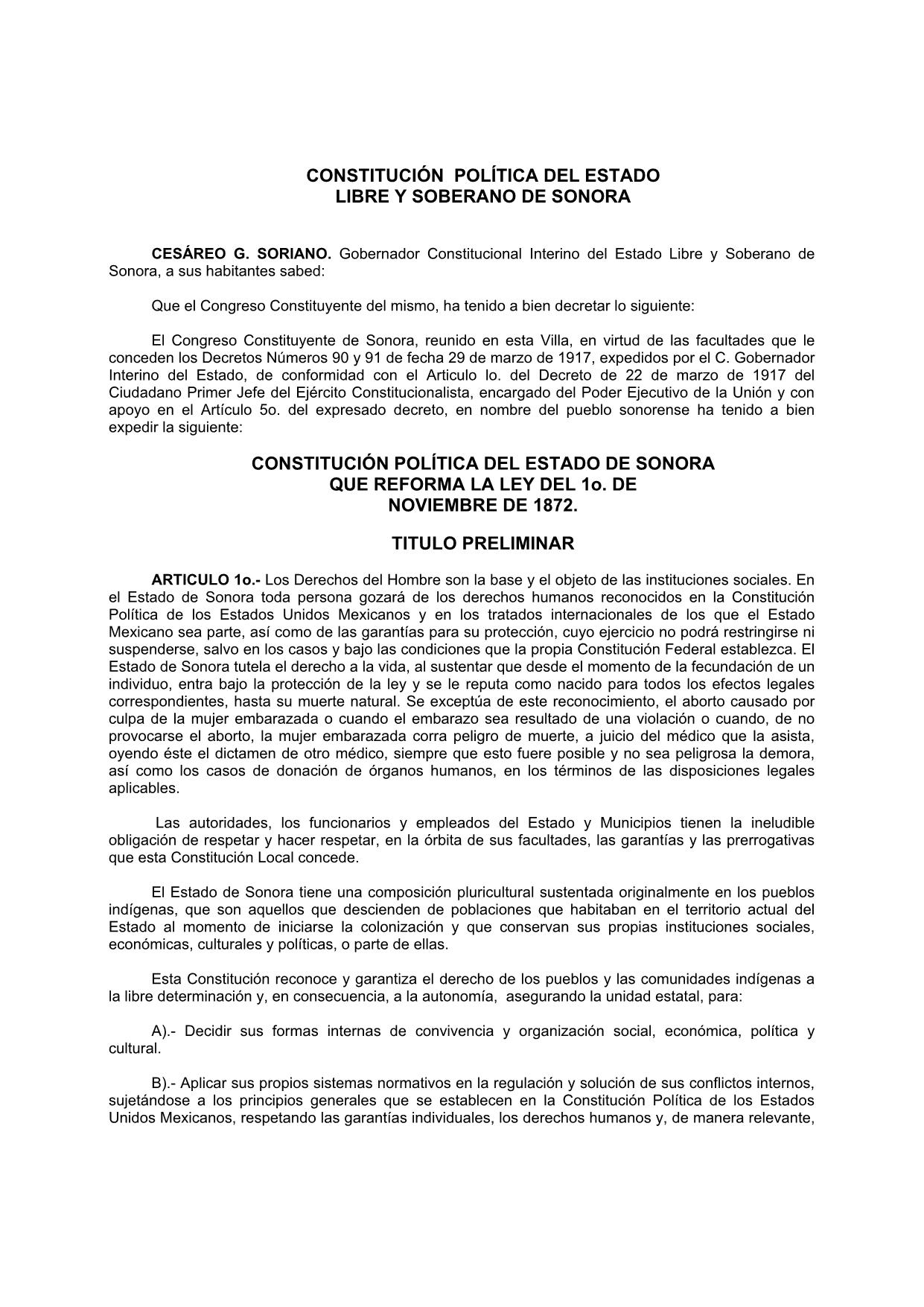 Constitución Política para el Estado Libre y Soberano de Sonora